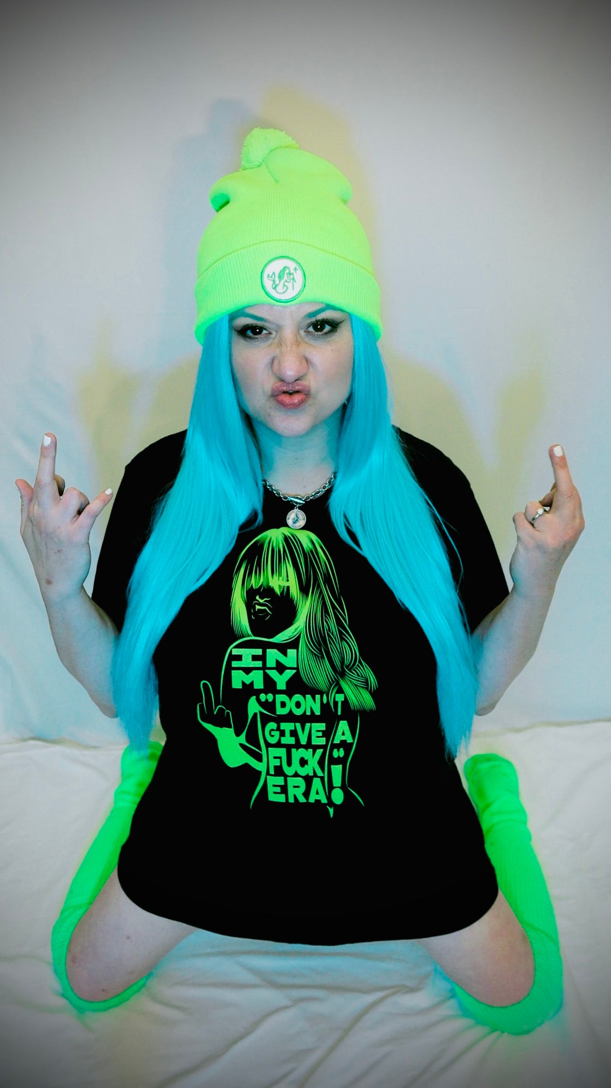 Embroidered Desert Mermaid Logo Lime Green Pom-Pom Beanie