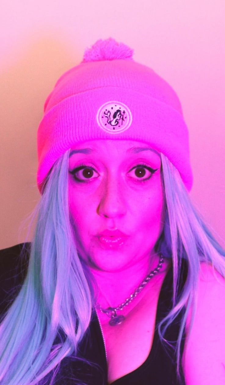 Embroidered Hot pink Pom-Pom Beanie with Hot Pink Desert Mermaid Logo