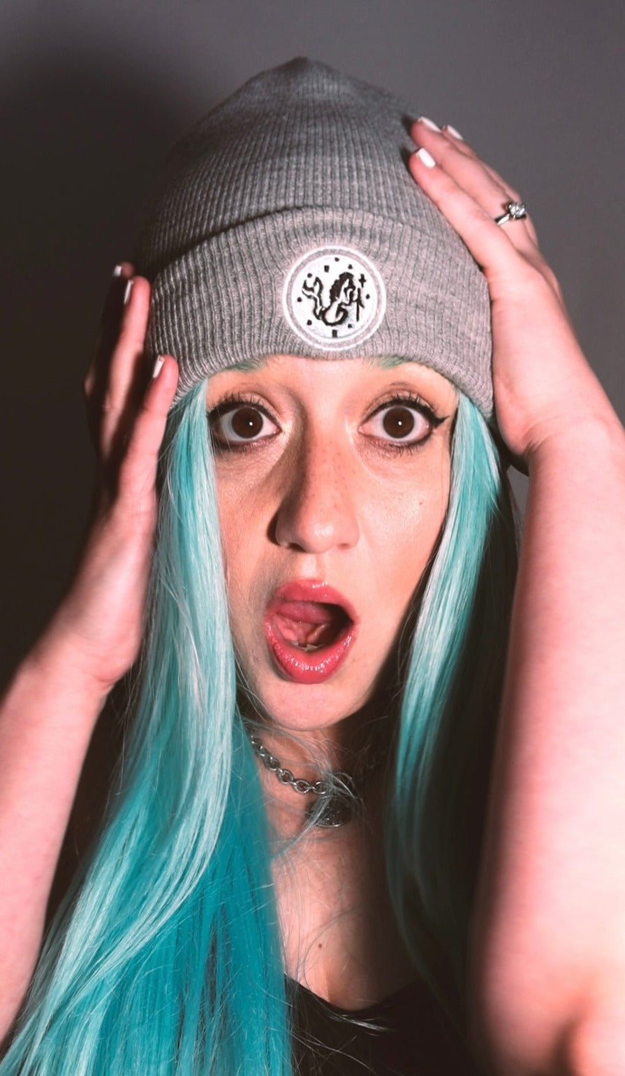 Desert Mermaid Grey Cuffed Beanie with Blue Ombre Logo