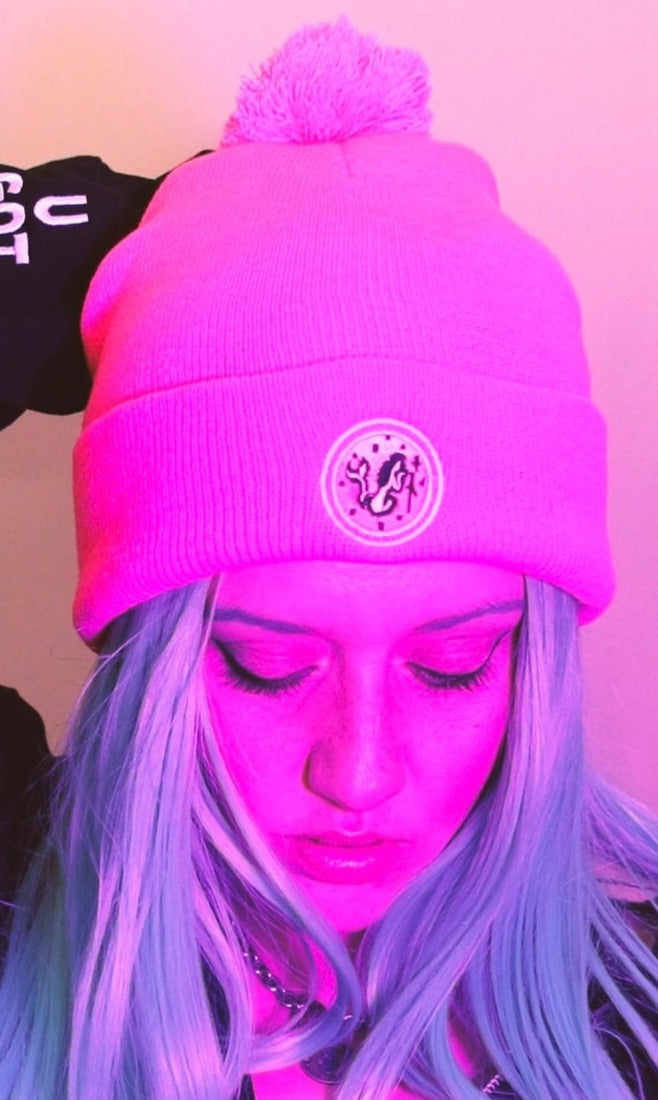 Embroidered Hot pink Pom-Pom Beanie with Hot Pink Desert Mermaid Logo