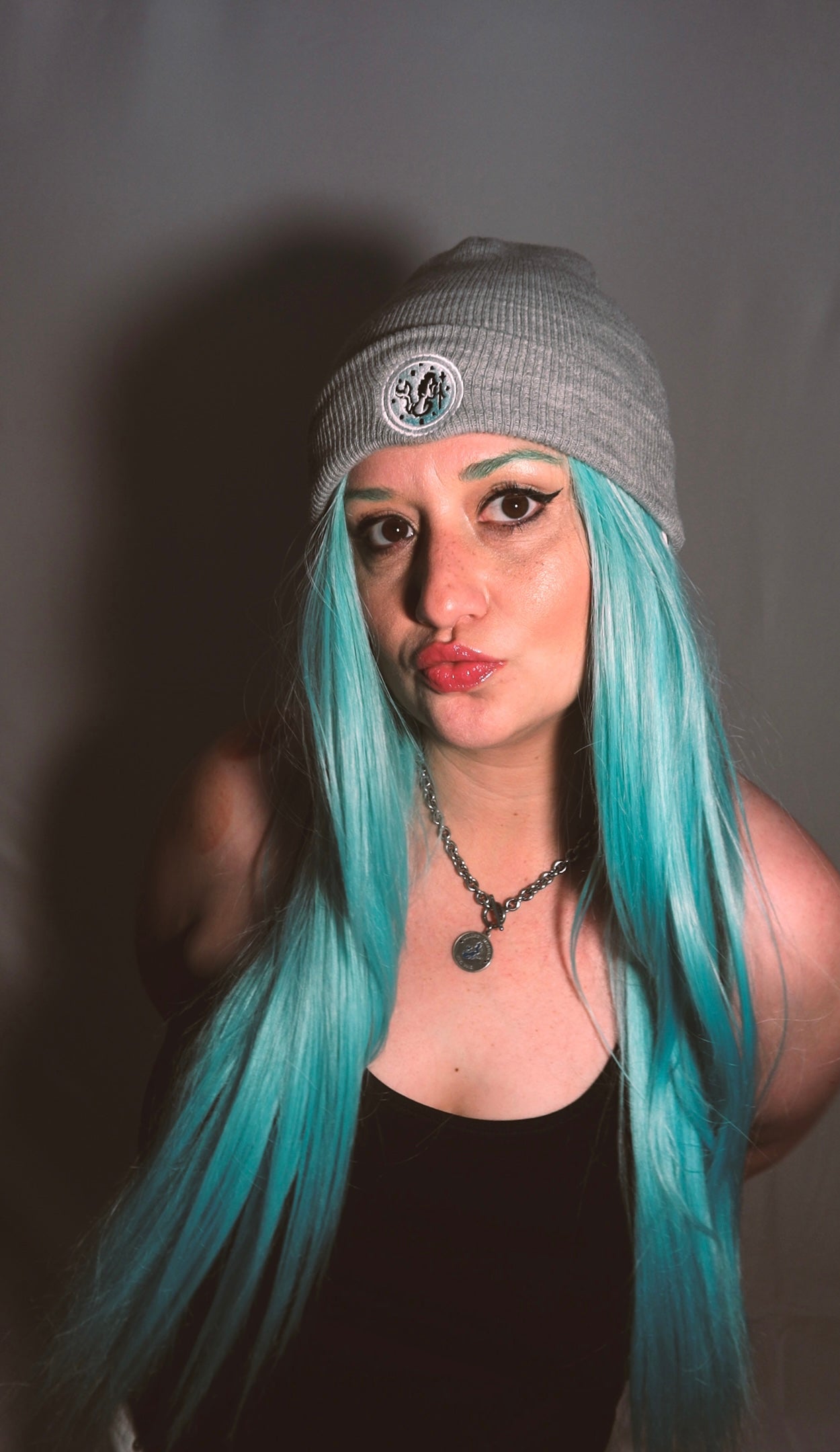 Desert Mermaid Grey Cuffed Beanie with Blue Ombre Logo