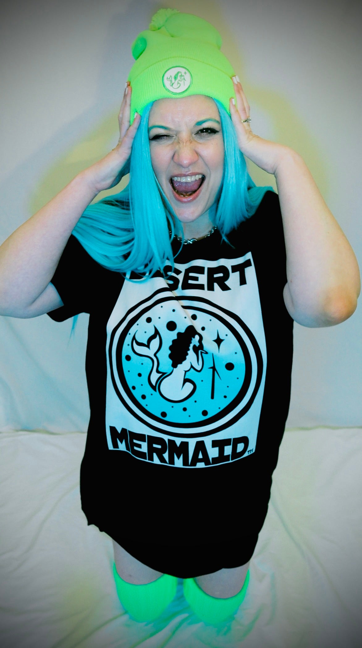 Desert Mermaid Logo Graphic Black Heather Unisex T-shirt in Sky Blue Ombre